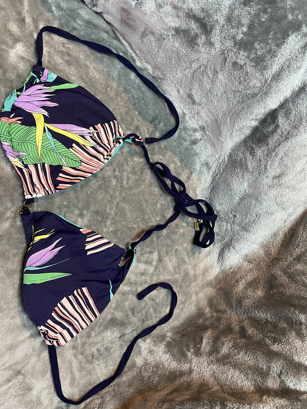 Tropical Print Navy Triangle Bikini Top